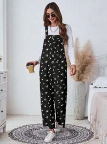 SHEIN LUNE 女士休闲印花日常口袋阔腿连体裤，适合外出、秋季、乡村、复古、工作装