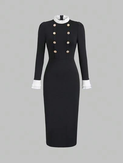 SHEIN Unity 女式金属扣装饰袖口和领口拼接褶皱荷叶边修身针织连衣裙，春秋