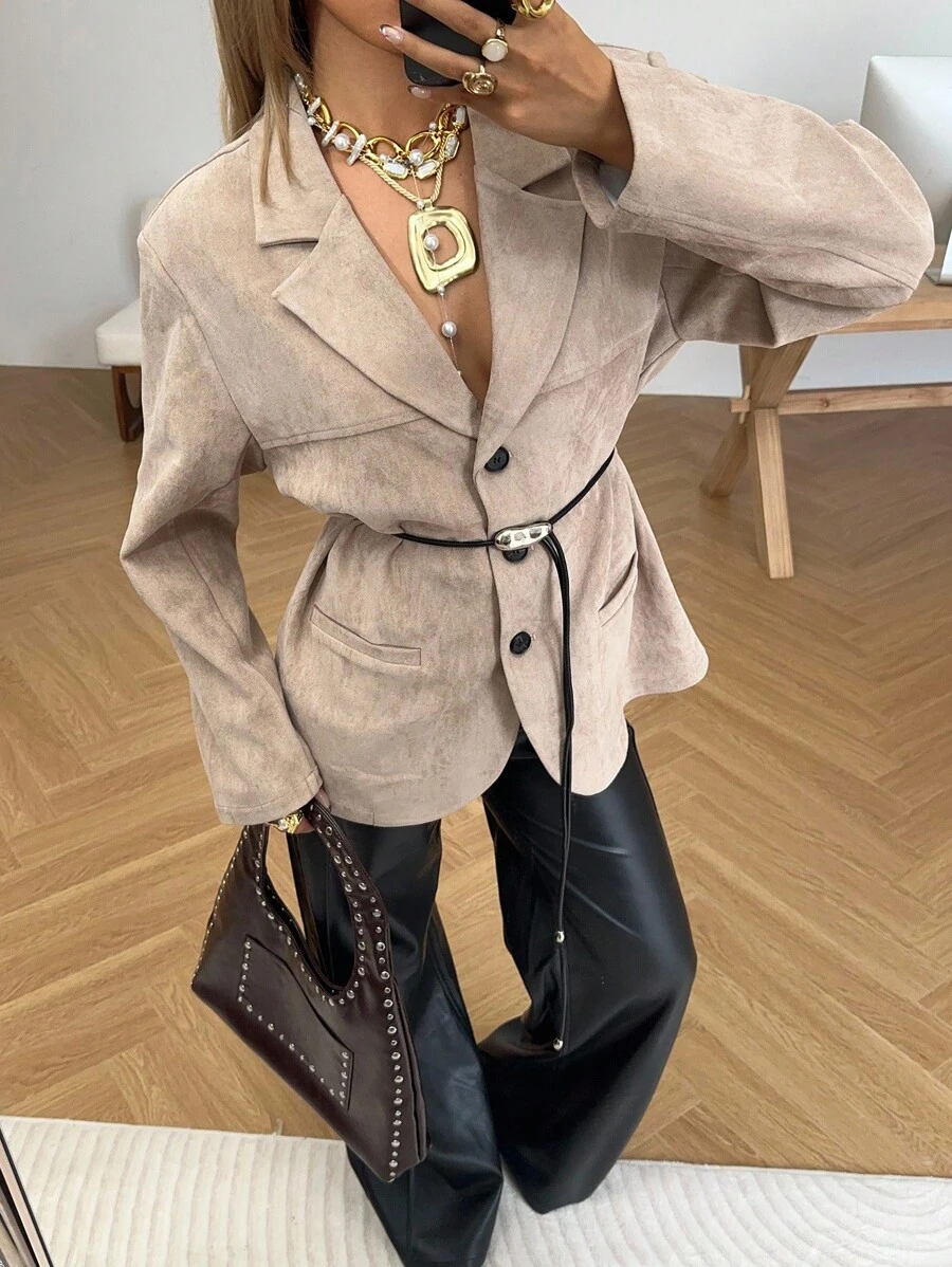 SHEIN EZwear Women's Casual Suede Mottled Lapel Button With Belt Blazer,Fall Clothes For Women, Business Casual Woman - Khaki - View 1