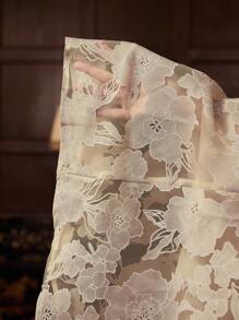 ZEYLAH Organza Short Puff Sleeve Stand Collar Women's Elegant Belted Dress - Apricot - View 7