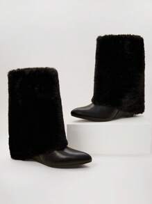 SHUZIA Women's Man Made Fur Mid-Calf Snow Boots- Warm, Luxe & Eye-Catching Winter Style With Anti-Slip Sole For Chic Cold-Weather Looks - Black - View 2