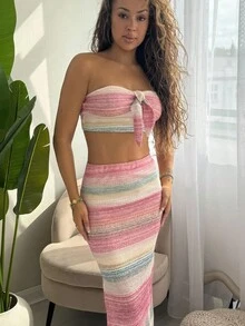 RebeccaVibe 女士条纹短款抹胸和迷你裙套装 女士条纹短款抹胸和迷你裙套装 节日约会之夜下午茶 春夏季度假 - 彩色 - 查看 4