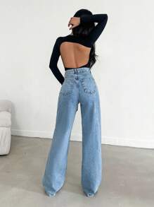 EURMUSE HIGH WAIST WIDE LEG LONG HEM BLUE JEAN - 716 GR - Medium Wash - View 2