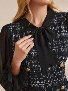 Amorya 女士优雅黑色雪纺拼布粗花呢印花针织连衣裙，撞色金属纽扣，精致商务通勤秋冬装，女士办公室着装 - 黑與白 - 查看 6