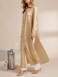 Amorya Women's Elegant Gold Shirt Collar Long Split Dress,Autumn Satin Silky Maxi Dress For Party,Gatherings,Commuting And Halloween Costume - Gold - View 4