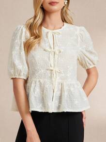 Amorya Women's Front Tie Puff Sleeve Cute Embroidery Vacation Elegant Blouse, Valentine's Day