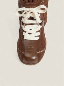 Muvela Giày bốt nữ cổ điển buộc dây màu nâu mũi tròn thời trang, bốt cao đến giữa bắp chân, họa tiết chắp vá - màu nâu - Xem 4