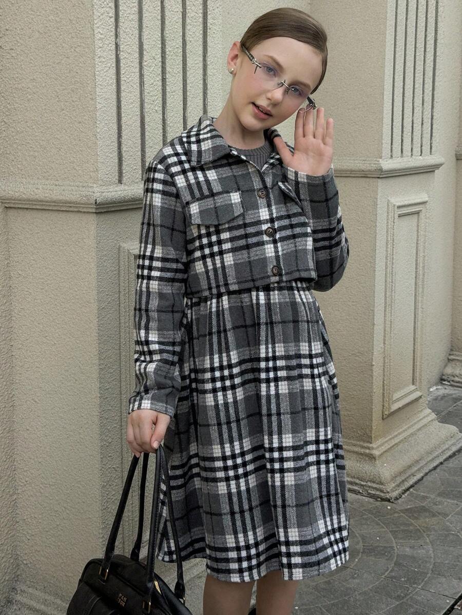SHEIN 2 件套女童通勤英伦风短款格子夹克 + 长袖连衣裙套装，适合通勤和日常穿着 - 灰色 - 查看 1