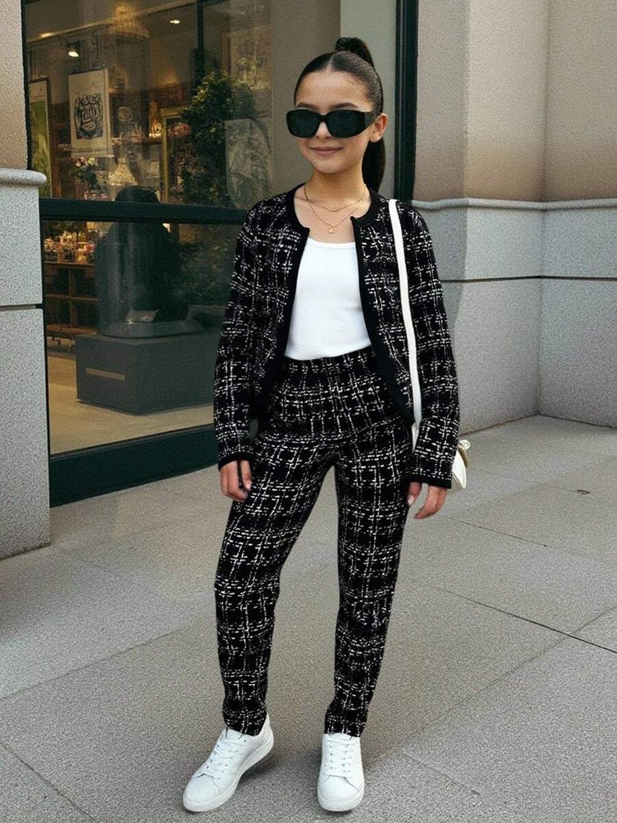 Firerie Kids Firerie Kids Tween Girls Plaid Jacket + Pants Set, Casual Daily Fashion Versatile Outfit Tween Outfits 2 Piece Outfit Girls Graphic Pants Suit For Teen Girl Teen Women 2 Piece Pants Suits Fall Winter - Black - View 1