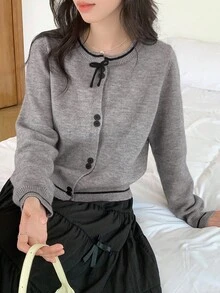 DAZY Teen Girl Contrast Color Bow Decor Round Neck Long Sleeve Single-Breasted Casual Cardigan Sweater Fall/Winter - Grey - View 4