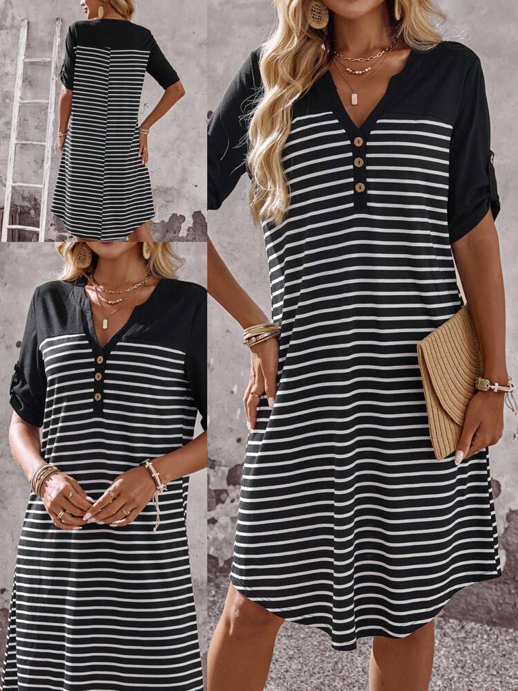 Women's Summer Striped V-Neck Rolled Sleeve Casual Mid-Length Dress Summer Dresses For Women