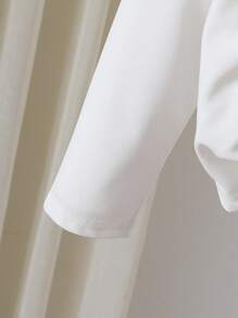 Tween Girl Korean Style V-Neck Pleated Long Sleeve Waist Shirt, Stylish & Versatile, Suitable For Commuting, Vacation, Spring & Autumn - White - View 6