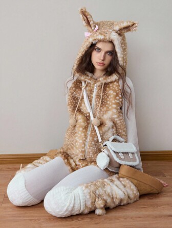 J-Fashion Y2K Vintage Harajuku Style Deer Ear Hooded Fluffy Pom Pom Cardigan Faux Fur Jacket For Women, Regular Fit, Autumn/Winter