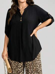 SHEIN LUNE Plus Size Women's Solid V-Neck 3/4 Sleeve Top And Leopard Print Pants 2 Pieces Sets,Black,Autumn,Smart Casual,Vacation Casual Suit Clothing Sets - Multicolor - View 2
