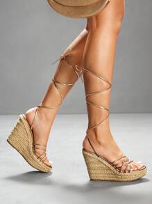 CUCCOO SZL Women's Fashion Champagne Color Thin Strap Combination Lace-Up Jute Rope Bottom Wedge Sandals, Suitable For Commuting, Dating, Party, Holiday, And Vacation