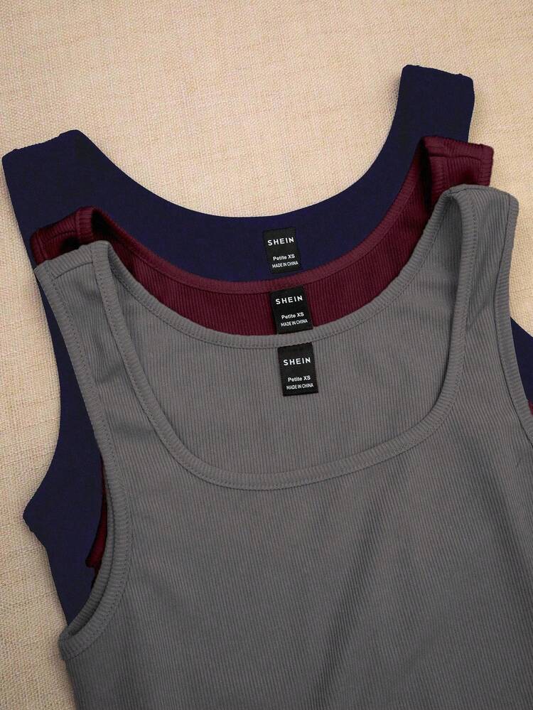 SHEIN PETITE Women's Summer Square Neckline Casual Solid Color Top Combo Graphic Tees Women Tops - Multicolor - View 1