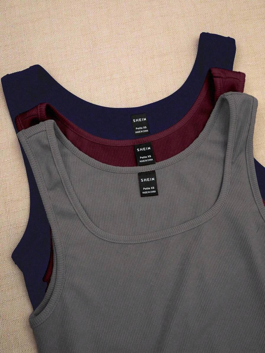 SHEIN PETITE 女士夏季方领休闲纯色上衣组合图案T恤女式上衣 - 彩色 - 查看 1