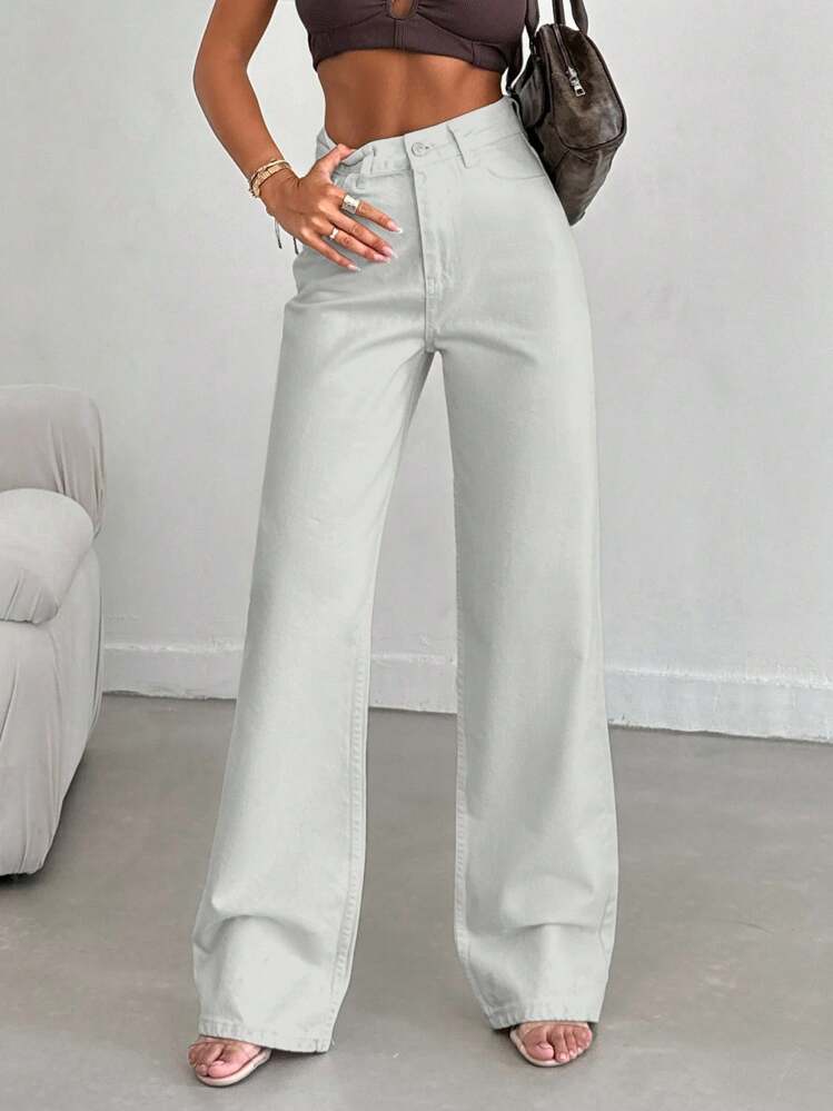 EURMUSE 100%Cotton Women's Pocket Straight Loose Casual Versatile Jeans - White - View 3