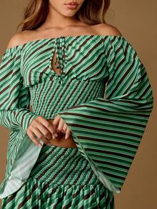 MISSGUIDED Off Shoulder Striped Blouse Long Bell Sleeve Smocked Crop Top Holiday Beach Resort Wear Summer Boho Festival Fashion
