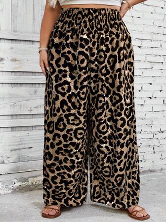 SHEIN CURVE+ 大码豹纹阔腿裤，适合夏季、海滩度假、音乐节