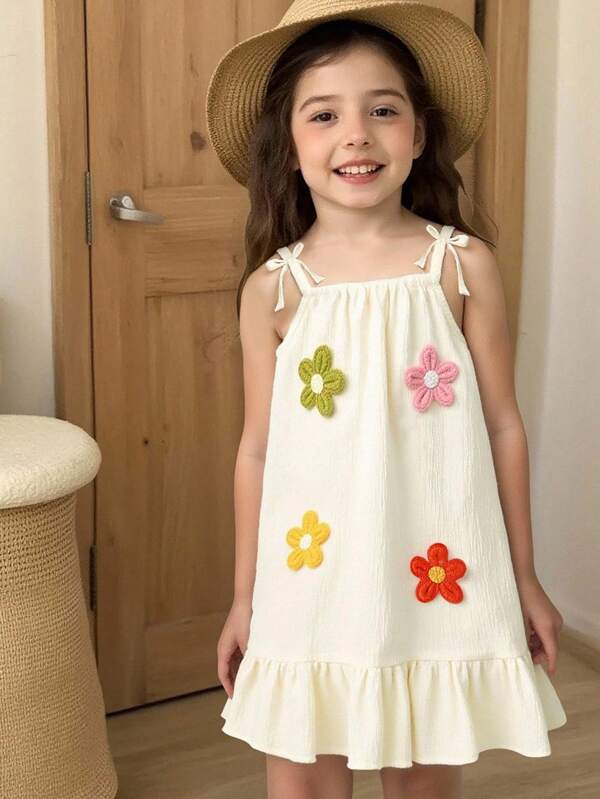 SHEIN Elladie kids Girls' Casual Fashionable Sleeveless Loose Textured Jacquard Colorful Crochet Floral Pattern Slip Dress For Summer Summer Holiday