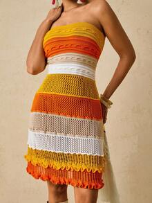 SHEIN VCAY Plus Size Contrast Color Knit Sweater Strapless Dress For Woman,Boho Yellow Orange Beach Cover Up,Tropical Holiday Vacation Autumn Winter Clothes - Orange - View 6