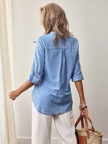EMERY ROSE Women's Notched Collar Long Sleeve Denim Shirt New Long Sleeve/Half Sleeve Button Pocket Thin Denim Top - Light Wash - View 7