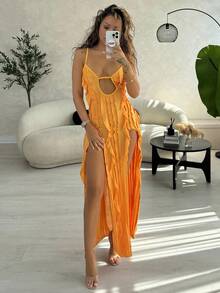 RebeccaVibe Women's Vacation Solid Color Ruffle Hem Split High Low Cami Dress