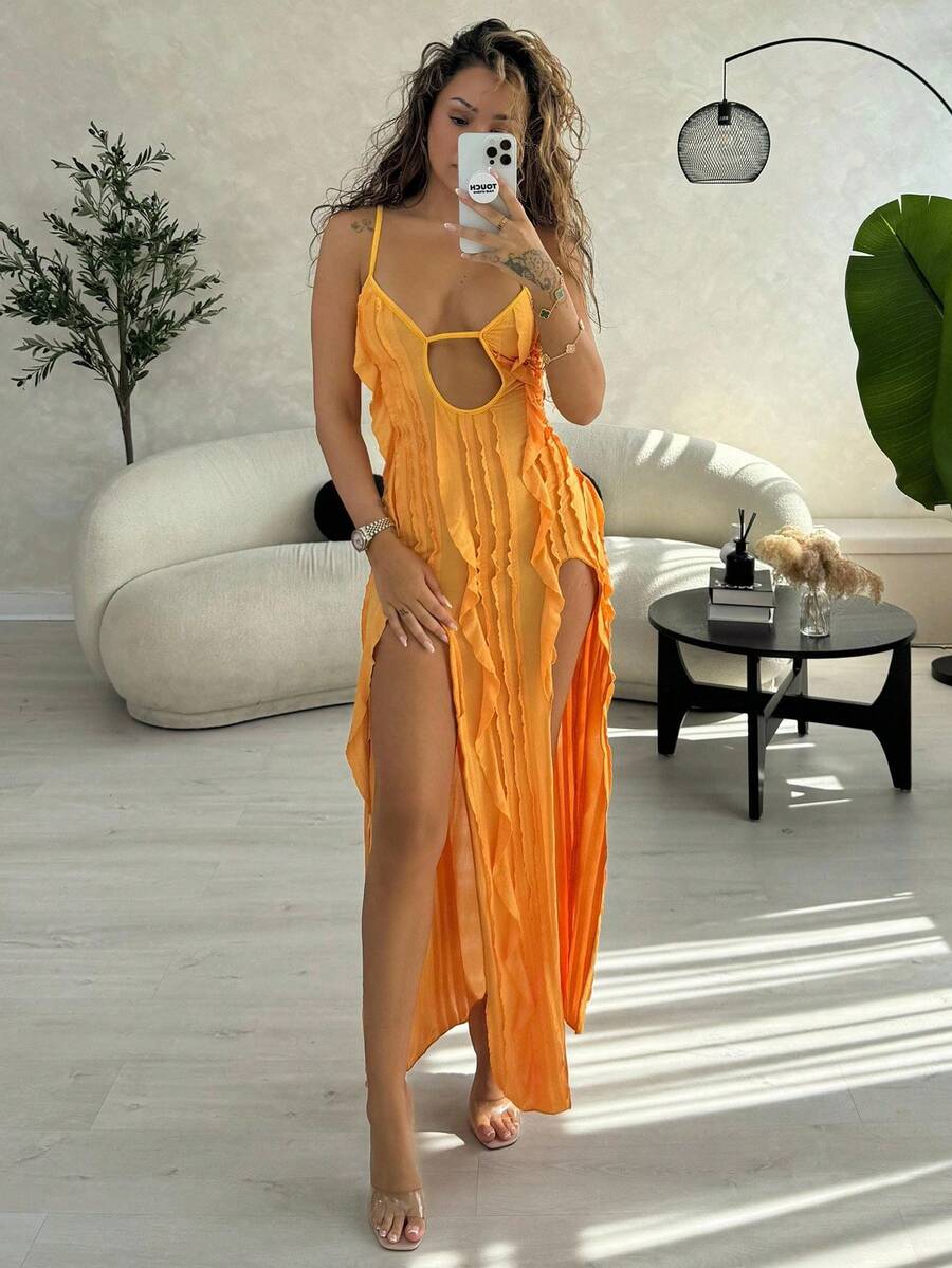 RebeccaVibe Women's Vacation Solid Color Ruffle Hem Split High Low Cami Dress