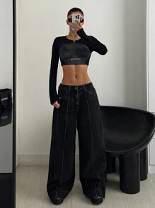 CasuGlow WOMAN SLANT POCKET LOW WAIST WIDE LEG CASUAL JEANS - Black - View 6