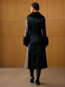 MOTF PREMIUM 女式可拆卸仿皮草领 PU 皮革拼接中长款风衣，秋冬 - 黑色 - 查看 3