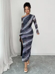 Elenzga Vestido largo elegante y romántico de otoño para mujer, con hombros descubiertos, manga larga, cintura ajustada, plisado y abertura, adecuado para festivales, vuelta al colegio, vestido de profesora, Halloween, Acción de Gracias - Multicolor - Ver 5