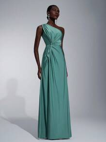 Elitara 女士浪漫优雅绿色弹力针织单肩扭褶收腰连衣裙，非常适合婚礼季、婚礼活动、返校季伴娘礼服