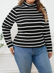 SHEIN CURVE+ Plus Size Women's French Striped Collar T-Shirt, Commuting, Minimalist, Office, Retro Style, Simple, Autumn Basic Layering Clothing