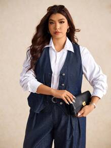 Elaquor Plus Size Dark Blue Denim Two-Piece Sleeveless Vest Plus High Waist Straight Pants Can Be Layered And Worn For An Elegant French Autumn Outfit