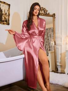 LuxeNights Luxe Nights French Elegant Loose Long Robe, Women Sleepwear Satin Robe, For Fall, Winter - Pink - View 7