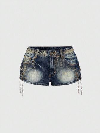 J-Fashion Y2K Gyaru Vintage Sexy Tief Sitzende Foliendruck Skinny Ultra Tief Sitzende Damen Denim Shorts