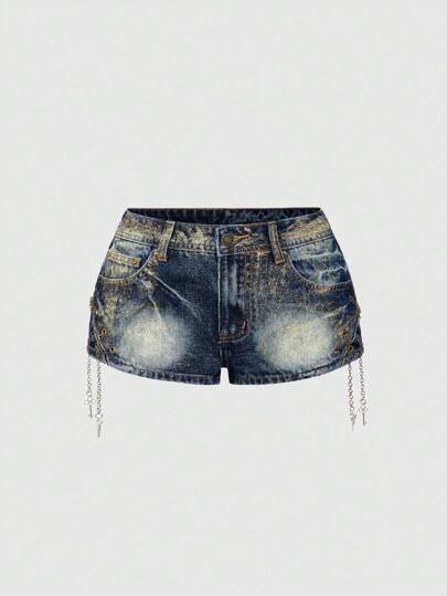 J-Fashion Pantaloncini di jeans da donna a vita bassa, stile Y2K Gyaru vintage, sexy, con stampa foil incrociata, vita ultra bassa