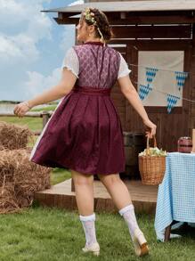SHEIN Frenchy Dirndl-Kleid in Große Größen für Damen mit Bindedesign, Applikation und Netzeinsatz am Saum, elegantes Oktoberfest-Trachtenkleid im deutschen Traditionsstil - Bordeaux - Übersicht 2