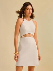 CAJUNI 女士优雅通勤迷你镂空无袖复古连衣裙