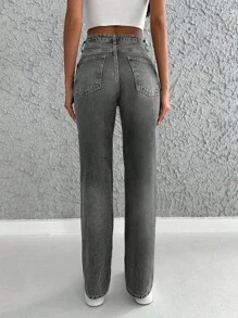 EURMUSE 100%Cotton High Waist Straight Leg Jeans - Dark Grey - View 2
