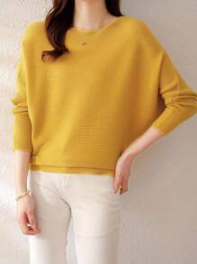 EMERY ROSE Suéter de punto acanalado con cuello de barco, mangas de murciélago y unicolor, tops de manga larga, jersey de punto para otoño e invierno - Amarillo - Ver 3