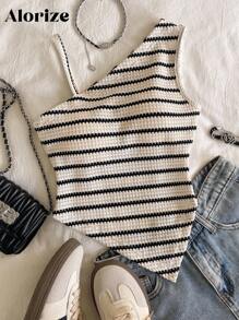 少女休闲个性吊带背心，黑白面料，不对称肩带设计，适合旅行、度假、散步、郊游，可搭配裤子、短裤、裙子、夹克 - 白色 - 查看 1