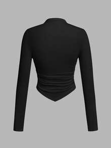 SHEIN SXY 2件套不对称下摆立领长袖T恤 - 杏色 - 查看 4