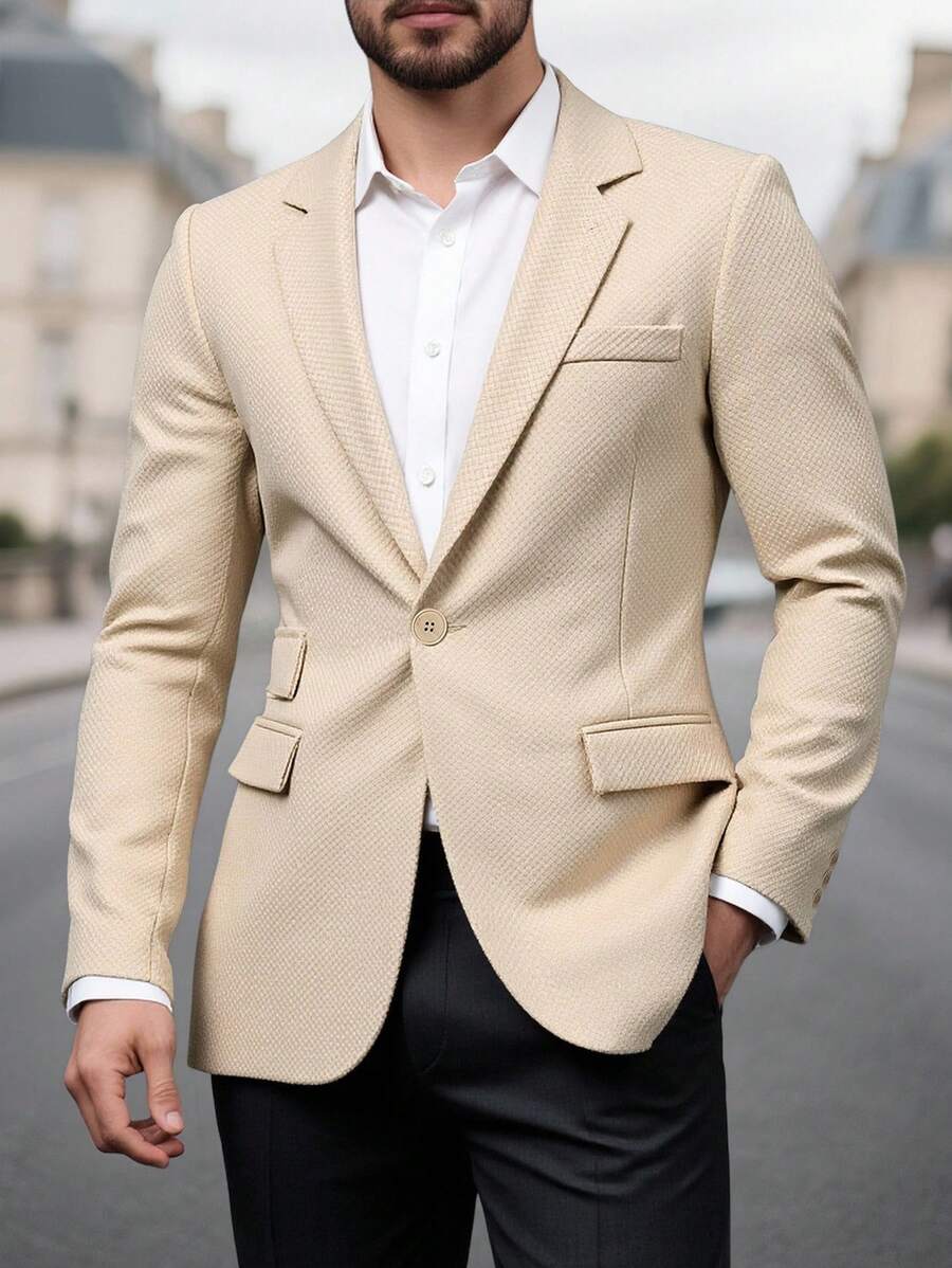 Manfinity Bizformal 男士纯色提花翻领西装外套,适合工作、通勤、聚会 - 卡其色 - 查看 1