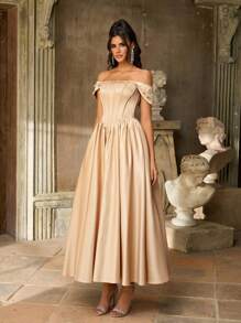 Aureia Thanh lịch, Lãng mạn, Thời trang, Kaki, Satin, Xương cá, Váy dài vừa phải, Thích hợp cho Kỳ nghỉ, Đám cưới, Mùa tốt nghiệp, Tiệc tùng, Khu nghỉ dưỡng, Tiệc cocktail, Check-in, Khiêu vũ trang trọng - Màu Khaki - Xem 2