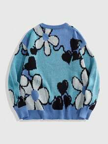 ROMWE MEN Street Life Sweater Rajut Pria Kerah Bulat Motif Bunga Warna Kontras, Musim Gugur Musim Dingin - MultiWarna - View 2