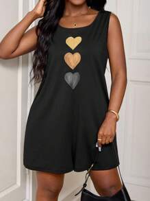 SHEIN PETITE CURVE Plus Size Casual Heart Textured Print Jumpsuit - Black - View 6