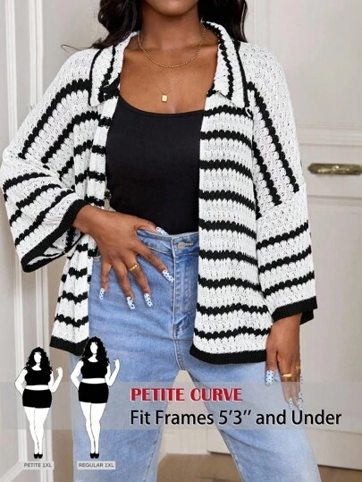 SHEIN PETITE CURVE Plus Size Plus Size Szydełkowy kardigan Plażowy okrycie Boho Paski Letni Sweter Dzianinowy Lekki Ubiór Wypoczynkowy Moda Świąteczna Odkryty Przód Styl Kimono