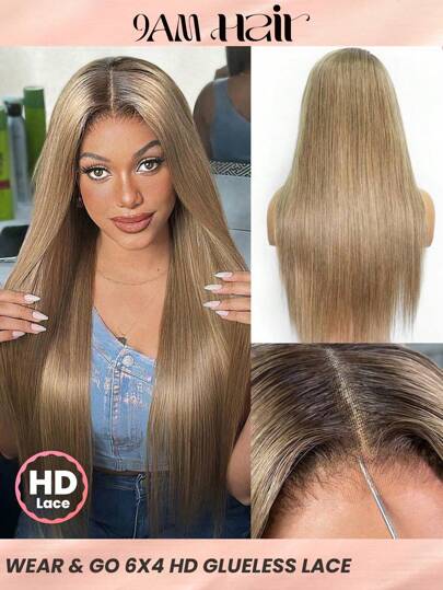 TrueHD 9 Am Hair Store Wear And Go Glueless Ash Blonde Wig With Brown Roots Upgraded Straight Hair 6 X 4 Transparent Pre-Cut Lace Pre-Plucked Hairline Wig 180% Density 22-28 Inch Lace Closure Wig 100% Natural Human Hair Wig Glueless Valentine's Day Human Hair Lace Wig Natural Glueless Wig For Romantic Date For Women